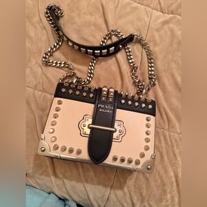 Cream and Black Studded Leather Shoulder Bag prada